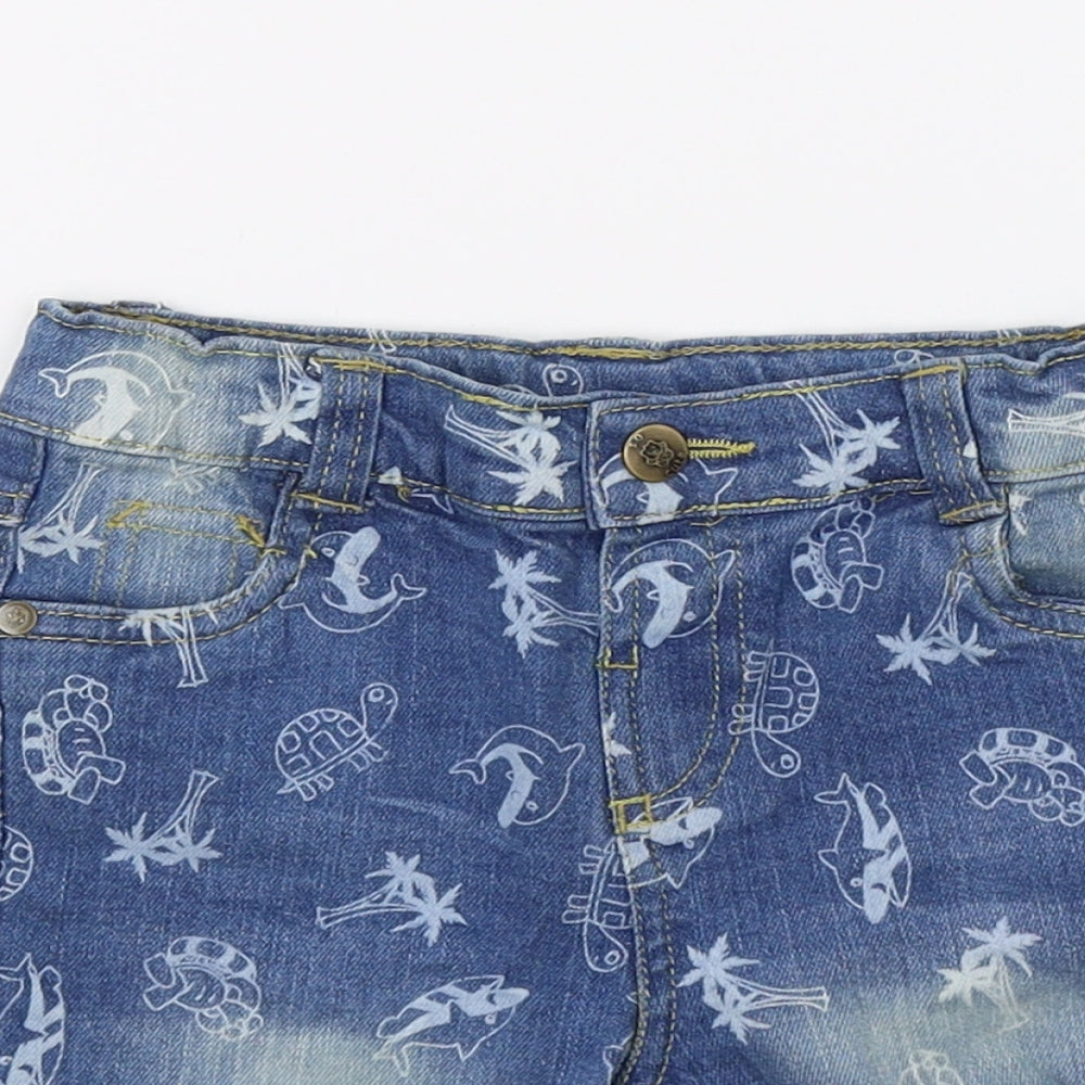 Close-up detail of So cute boys’ blue denim bermuda shorts, size 2, years - whale print