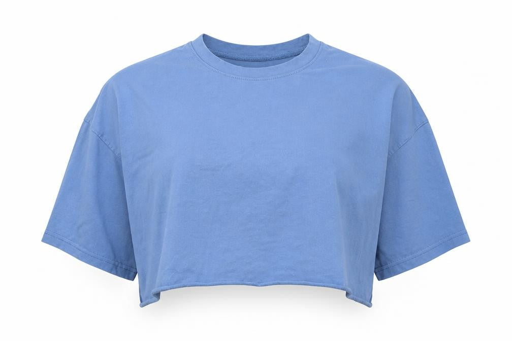 Front view of Missguided women’s blue cropped t-shirt, size UK 8