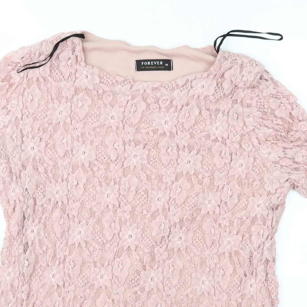 Forever Womens Pink Floral Lace Basic Blouse Size M
