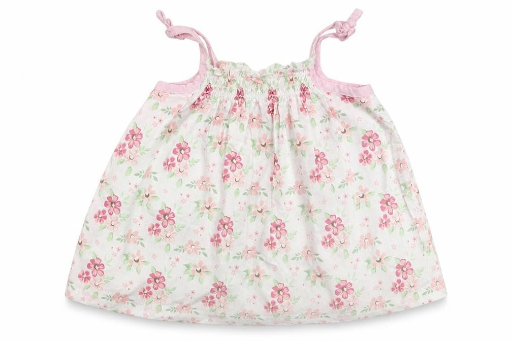 Front view of Mini Club girls’ white floral tank dress, size 3-6, months