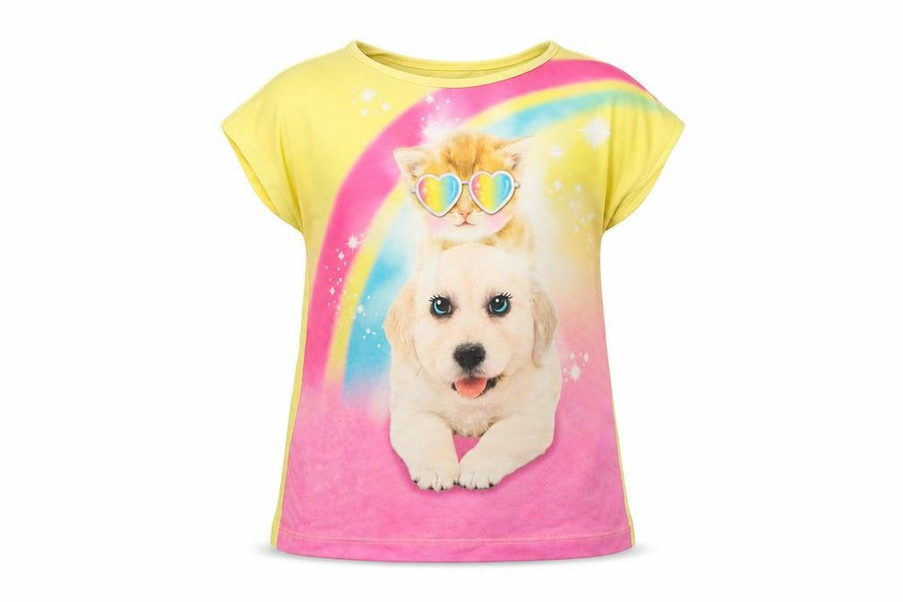 Front view of 365 kids girls’ yellow basic t-shirt, size 6, years - dog print
