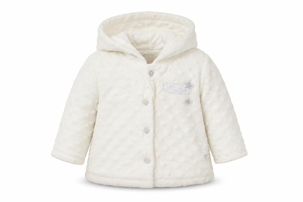 Front view of Zip Zap girls’ ivory polka dot cardigan jumper, size 0-3, months - hooded
