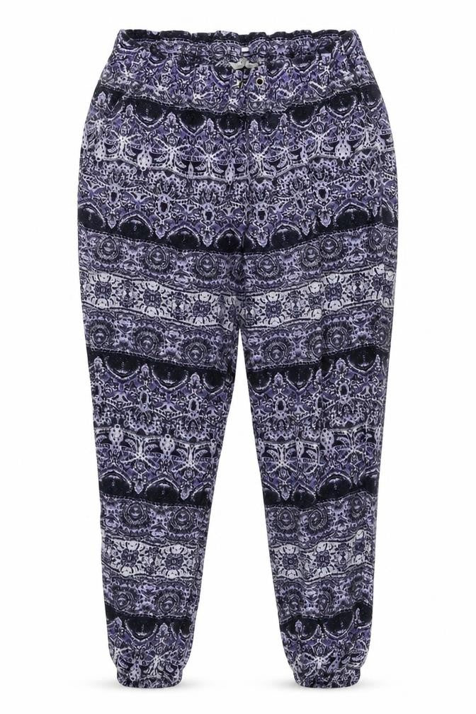 Front view of Papaya women’s purple geometric sweatpants, size UK 34, in, 29-inch leg