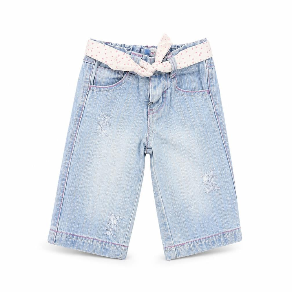 Front view of Early Days Baby Blue Rain Trousers Jeans, size 6-9, Months - Belted