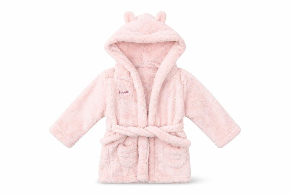 Front view of Elodie girls’ pink fleece gown, size 12-18, months