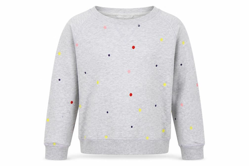 Front view of cotton trade girls’ grey spotted jumper, size 14, years