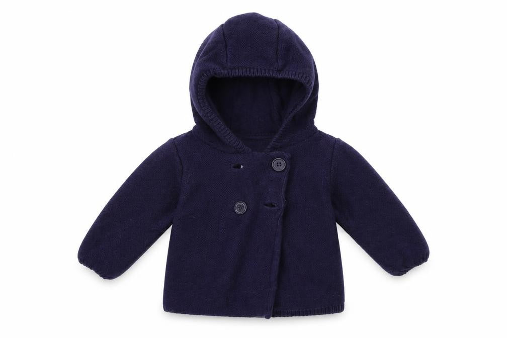 Front view of Mini Club girls’ blue cardigan jumper, size 0-3, months