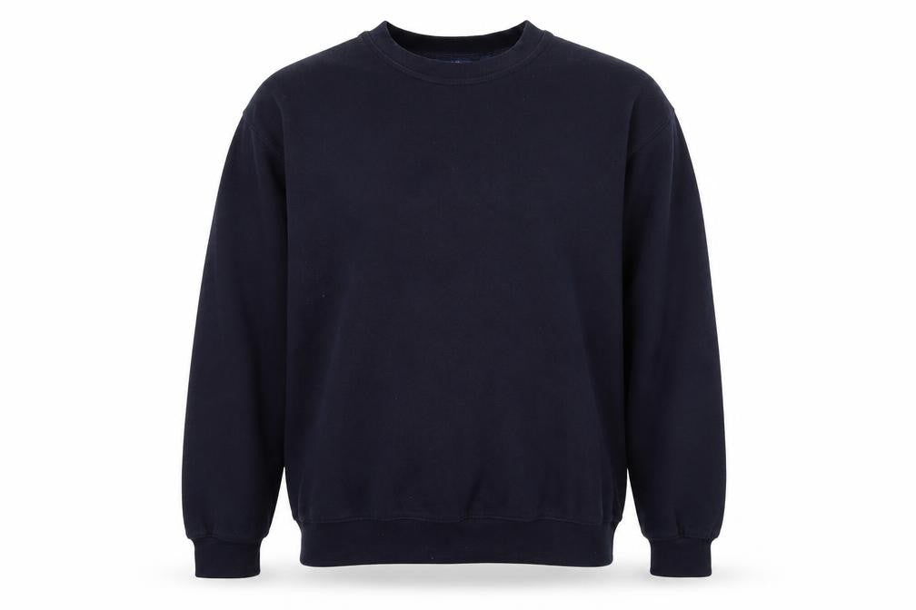 Front view of Easy men’s blue jersey pullover sweatshirt, size L