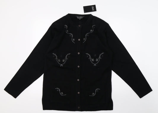 LEXY Womens Black Floral Knit Cardigan Jumper Size M