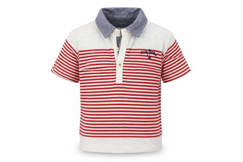 Front view of JOUNIOR J Baby Red Striped Basic Polo, size 18-24, Months