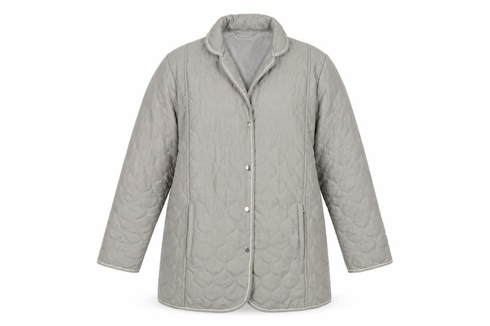 Front view of Gabriella Vicenga women’s grey quilted coat, size UK 10