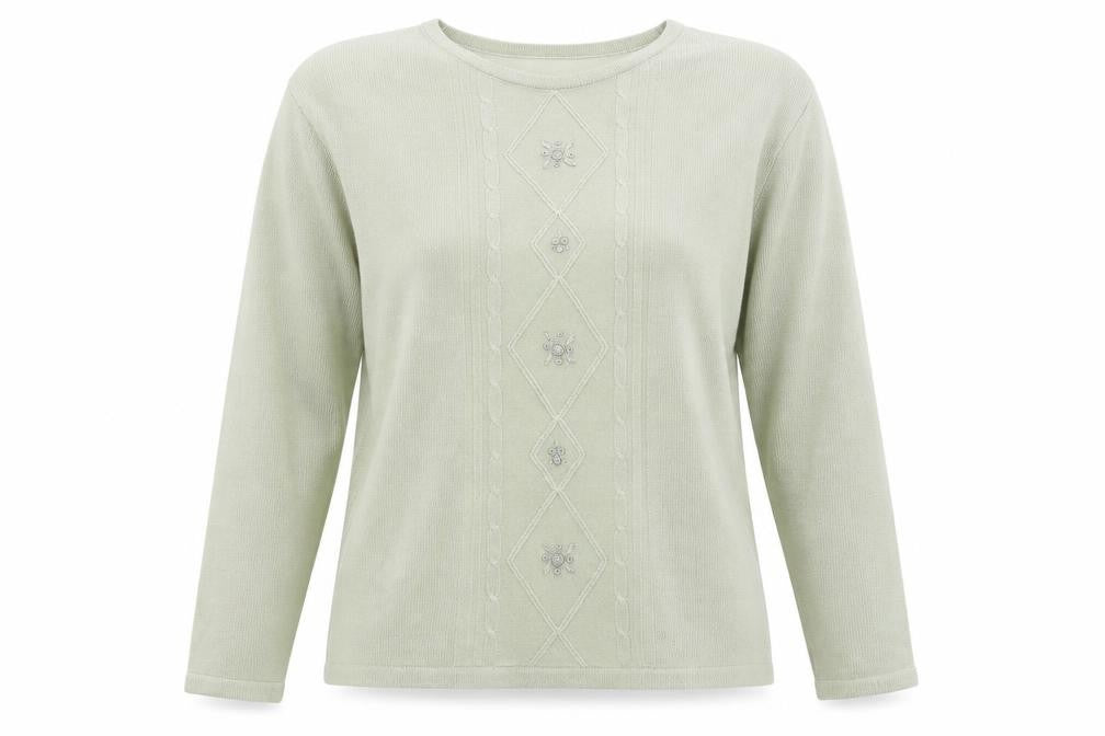 Front view of Akal Collection women’s green jumper, size L