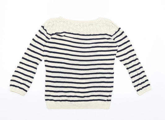 Earth Womens Ivory Striped  Basic T-Shirt Size S