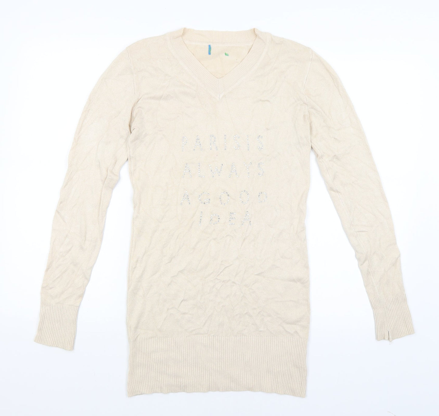 Preworn Womens Beige   Basic T-Shirt Size 8  - Paris is always a good idea