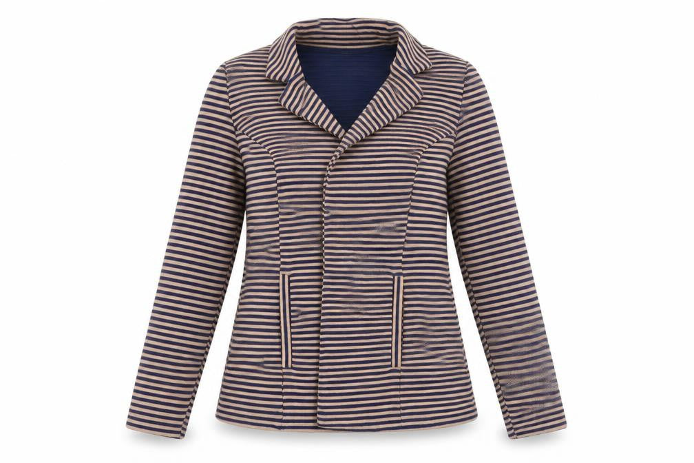 Front view of Papaya women’s brown striped jacket, size UK 10