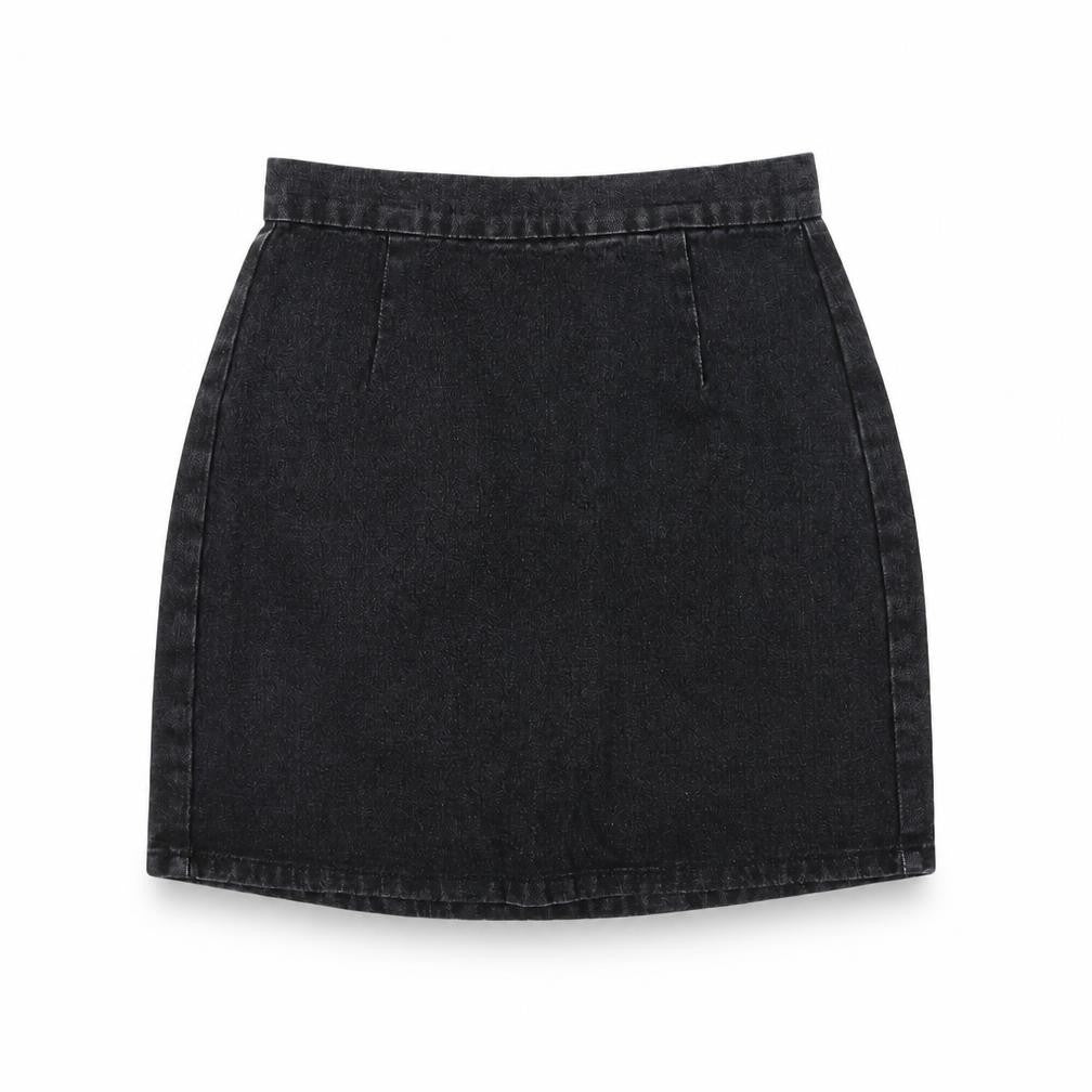 Front view of Denim & Co. women’s black denim a-line skirt, size UK 8