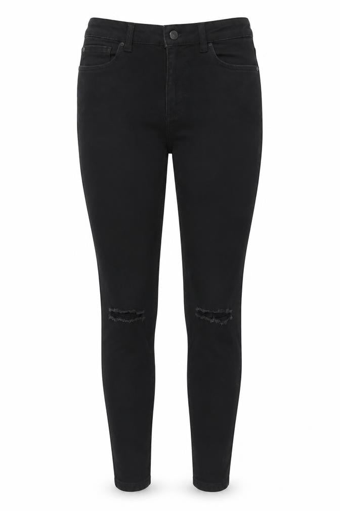 Front view of Denim & Co. women’s black denim skinny jeans, size UK 12, 27-inch leg