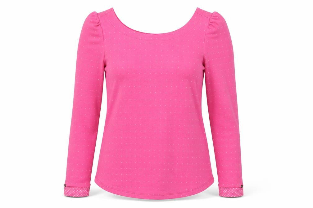 Front view of EDC women’s pink polka dot pullover sweatshirt, size M