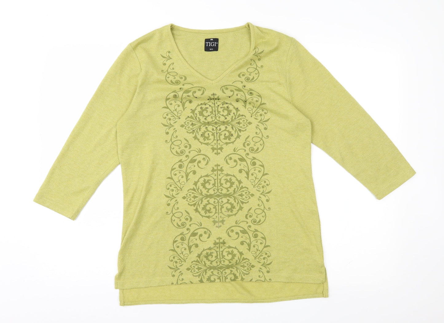 TIGI Womens Green Geometric Knit Basic T-Shirt Size 10