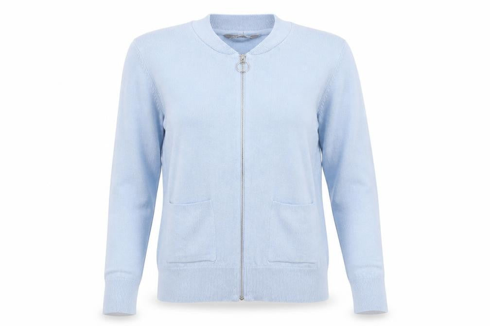 Front view of Principles women’s blue full zip jumper, size UK 10