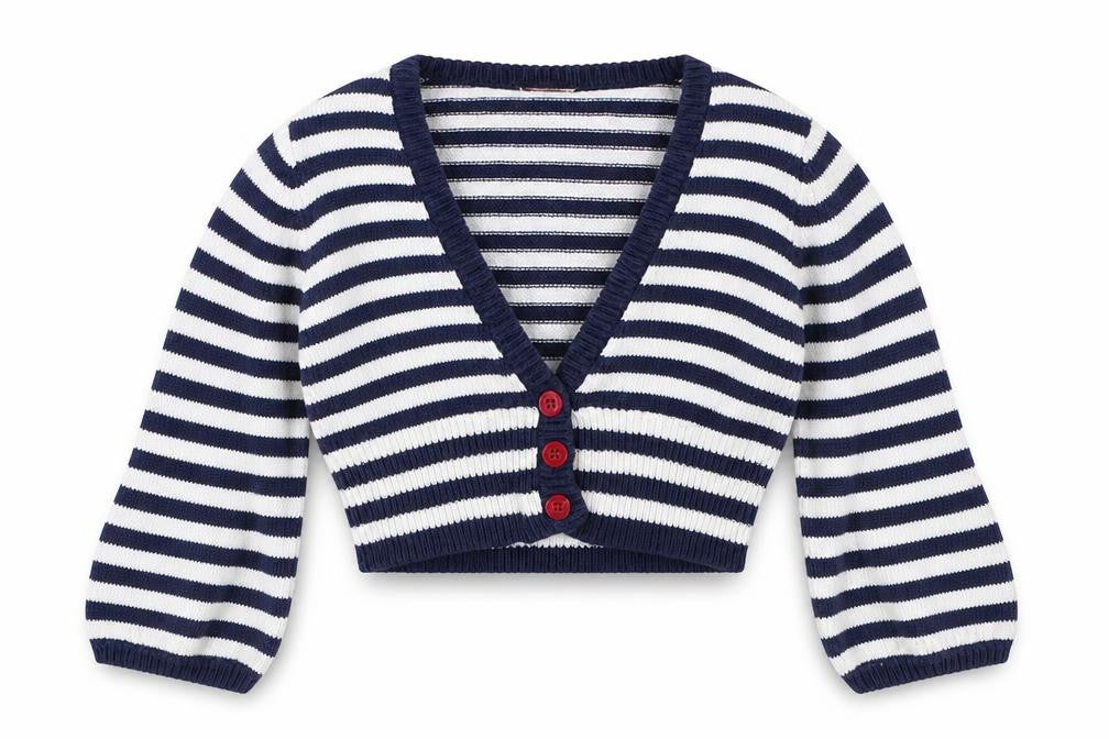 Front view of Mini Mode girls’ blue striped cardigan jumper, size 18-24, months