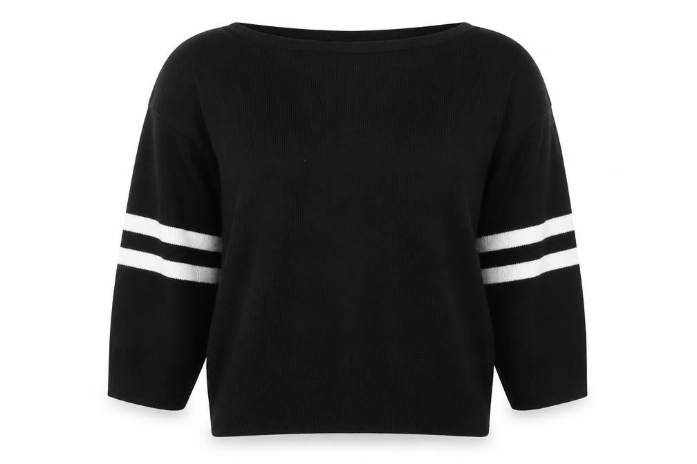 Front view of I SAW IT FIRST women’s black striped jumper, size UK 6