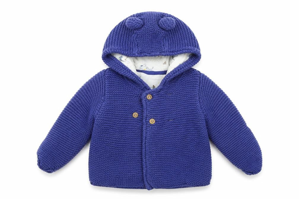 Front view of Marks & Spencer girls’ blue cardigan jumper, size 6-9, months