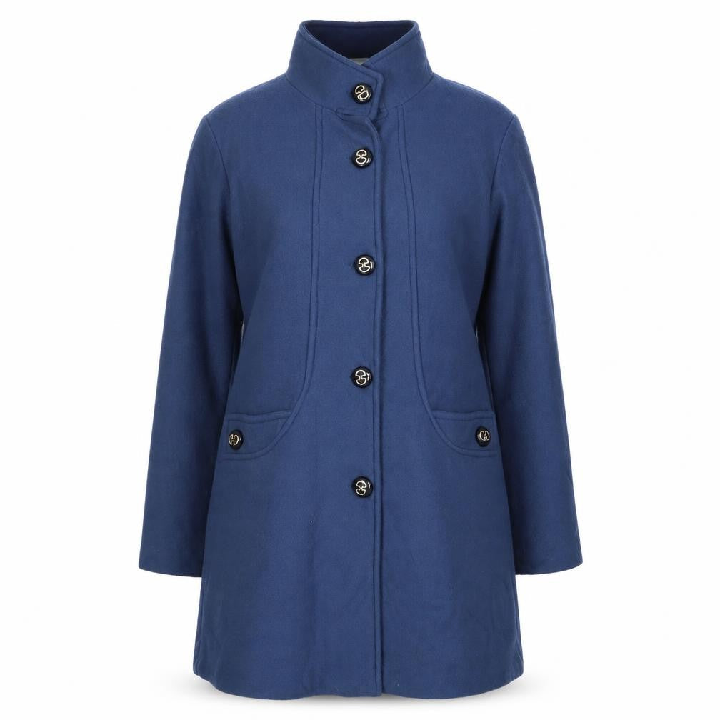 Front view of Gabrielle Vicenza women’s blue overcoat coat, size UK 10