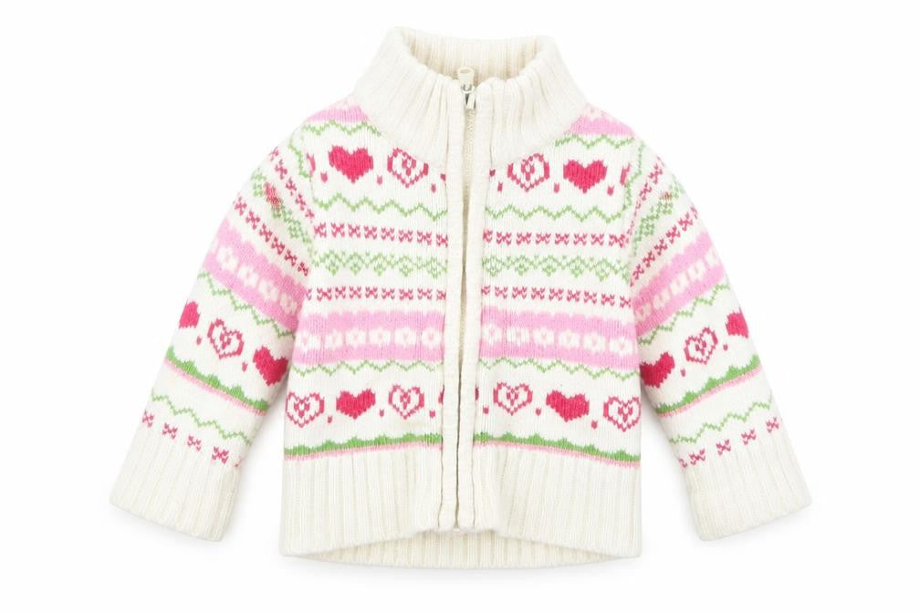 Front view of Miss Bellina girls’ white geometric knit jacket coatigan, size 3-6, months