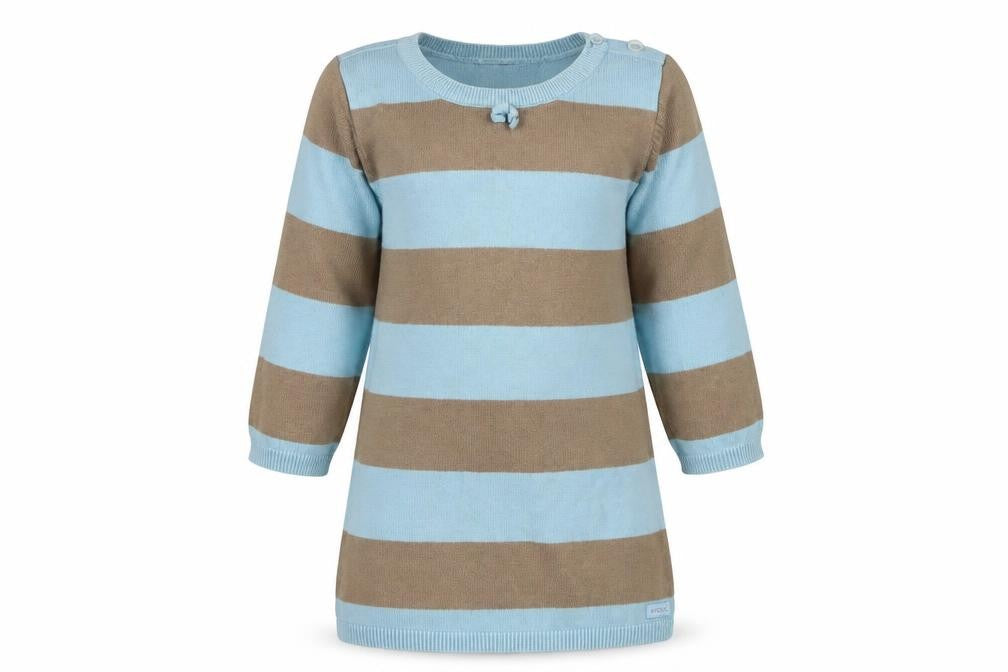 Front view of Mexx girls’ blue striped jumper dress, size 18-24, months