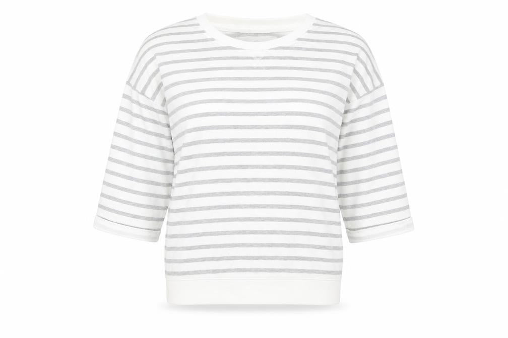 Front view of Atmosphere women’s white striped jumper, size UK 8