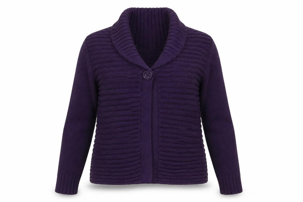 Front view of fabrizo women’s purple cardigan jumper, size L