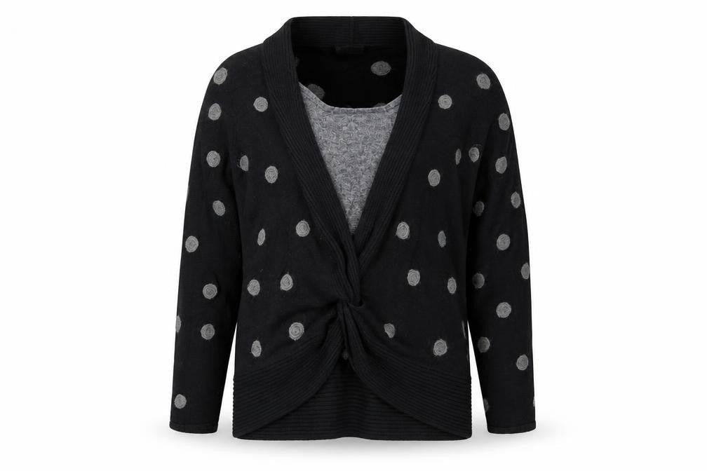 Front view of Alex & Co. women’s black polka dot jumper, size UK 14