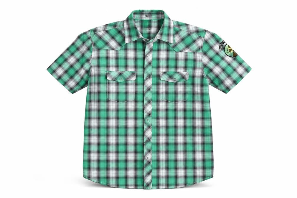 Front view of LOGG men’s green check button-up, size L