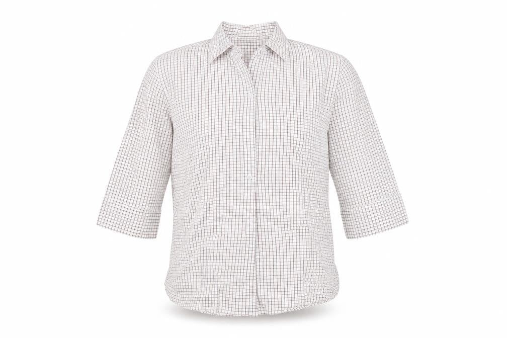 Front view of L.O.G.G men’s white check button-up, size 44