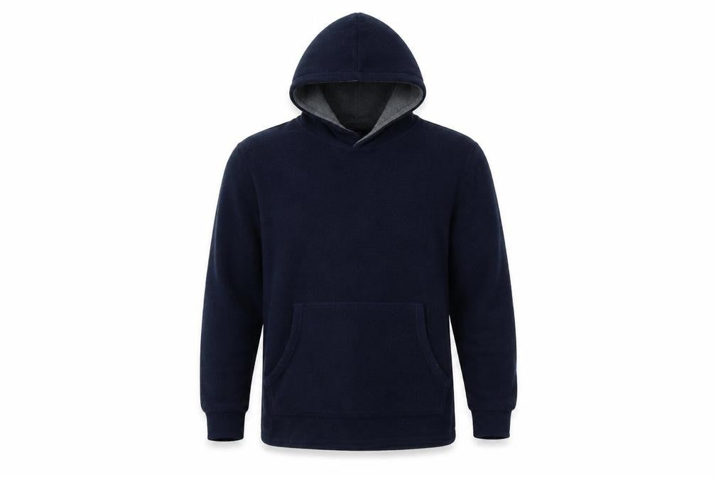 Front view of Easy men’s blue pullover hoodie, size S