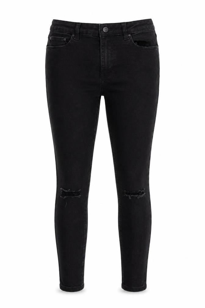 Front view of Denim & Co. women’s black denim skinny jeans, size UK 12, 27-inch leg