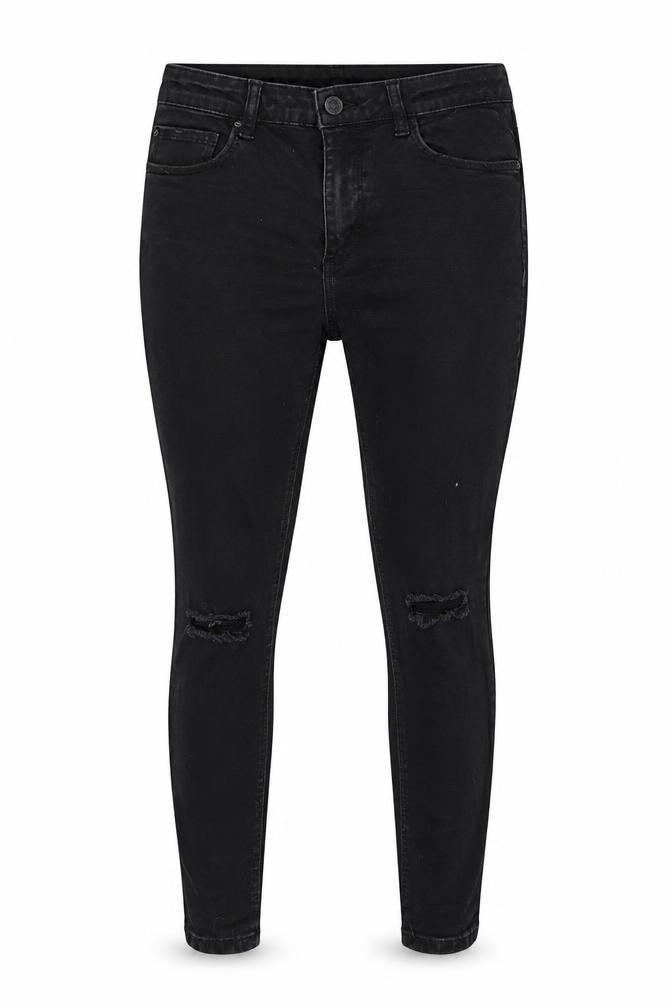 Front view of Denim & Co. women’s black denim skinny jeans, size UK 12, 26-inch leg