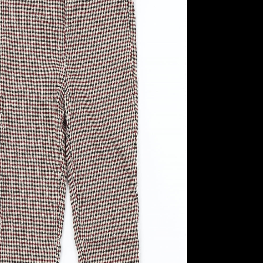 Close-up detail of astradivarius women’s multicoloured check trousers, size UK 8, 24-inch leg