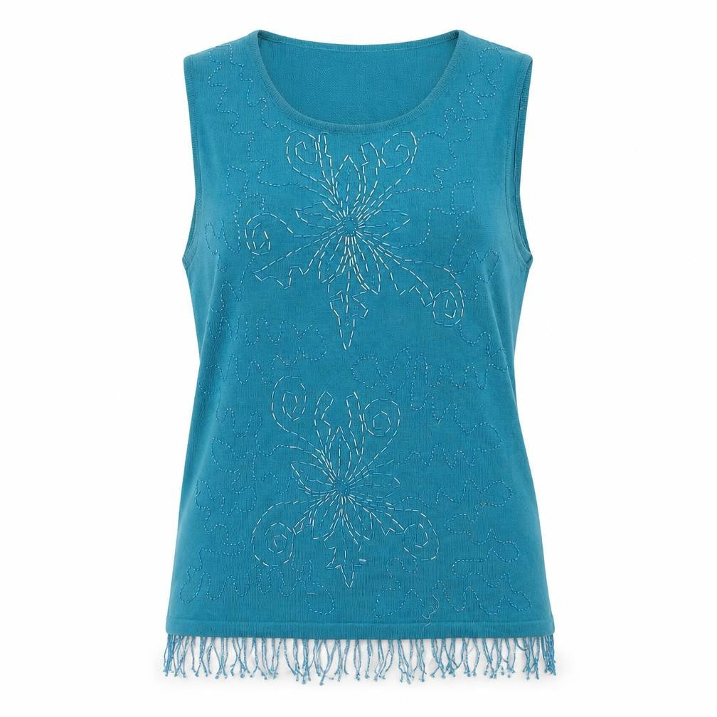 Front view of Kaleidescope women’s blue floral basic tank, size UK 14