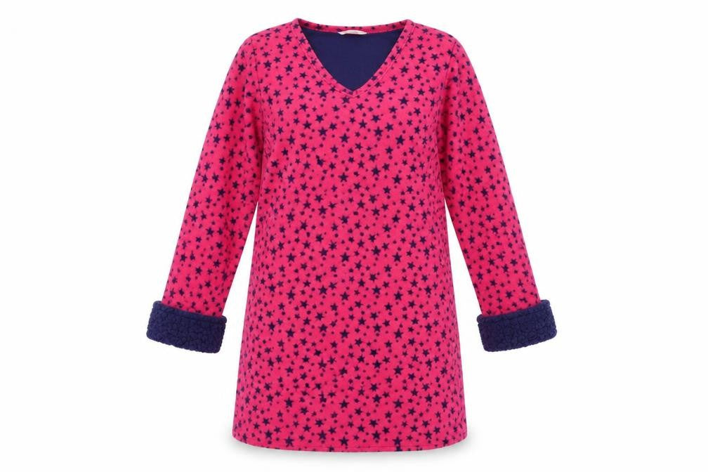 Front view of EVIE women’s pink geometric fleece top gown, size UK 10, - star pattern