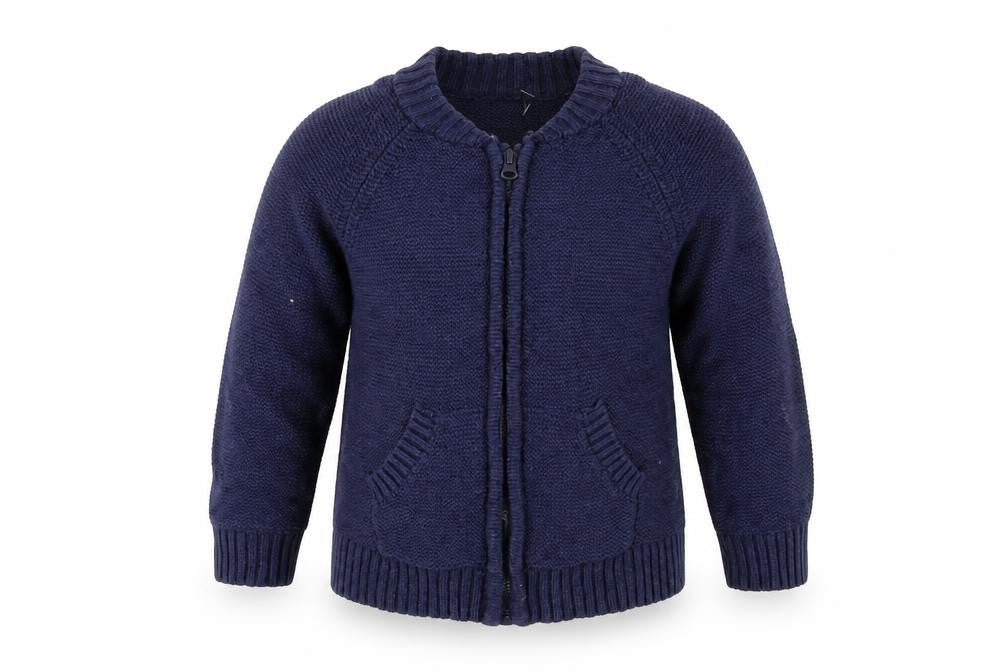 Front view of Mini Club boys’ blue knit full zip jumper, size 18-24, months
