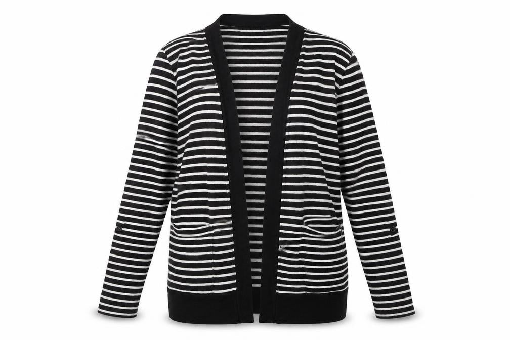 Front view of Papaya women’s black striped jacket, size UK 8