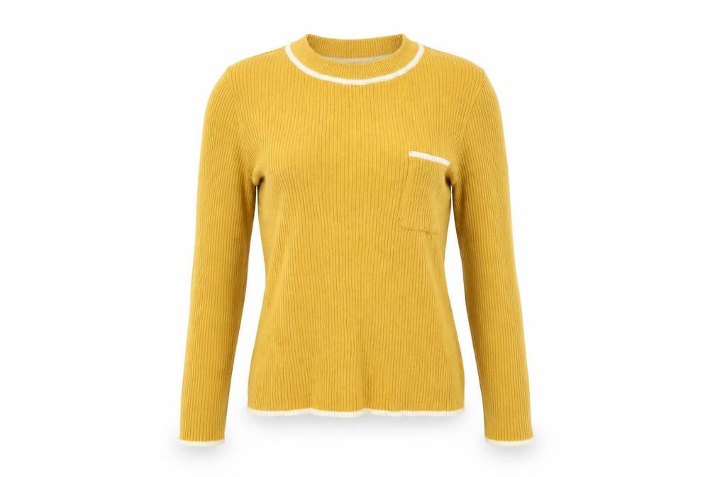 Front view of Cooperative women’s yellow jumper, size XS