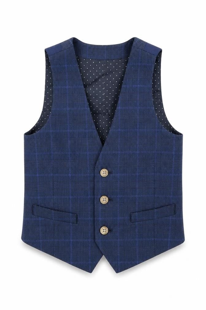 Front view of Albion boys’ blue jacket waistcoat, size 6, years