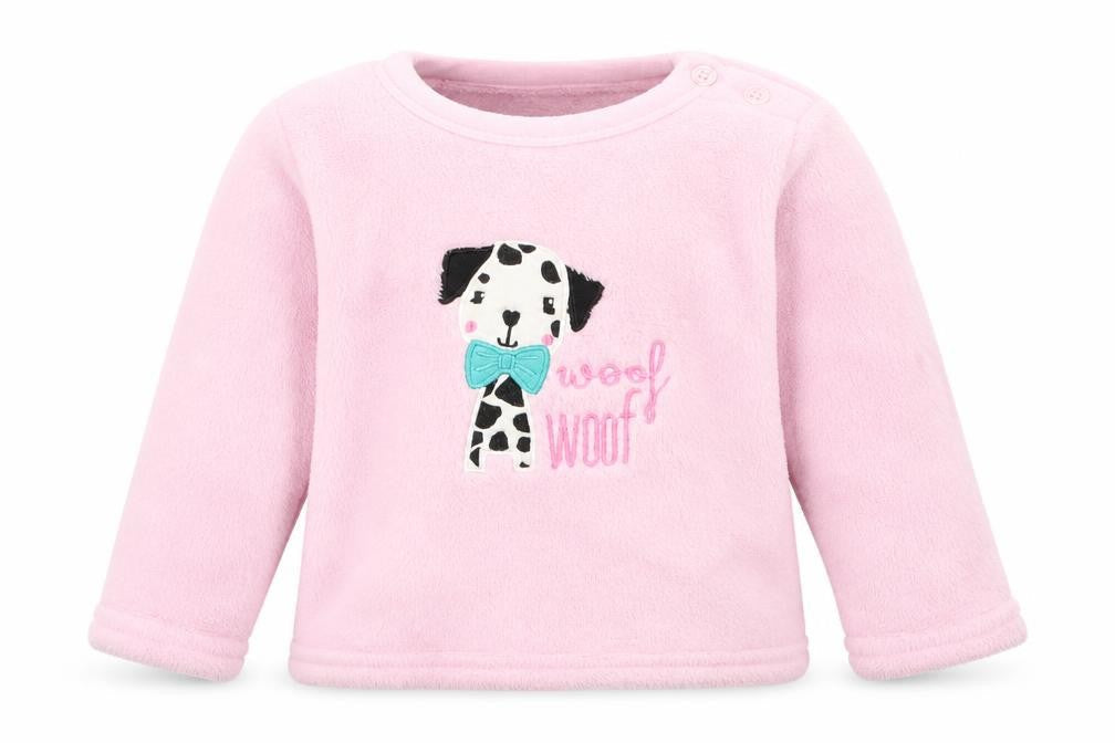Front view of Early Days girls’ pink solid pyjama top, size 18-24, months - puppy woof