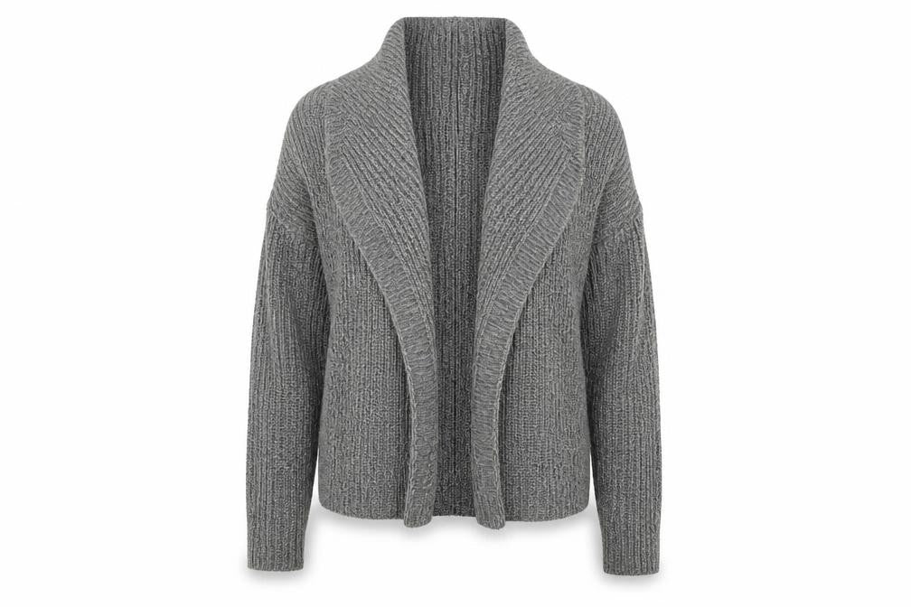 Front view of E-vie women’s grey knit cardigan jumper, size UK 14