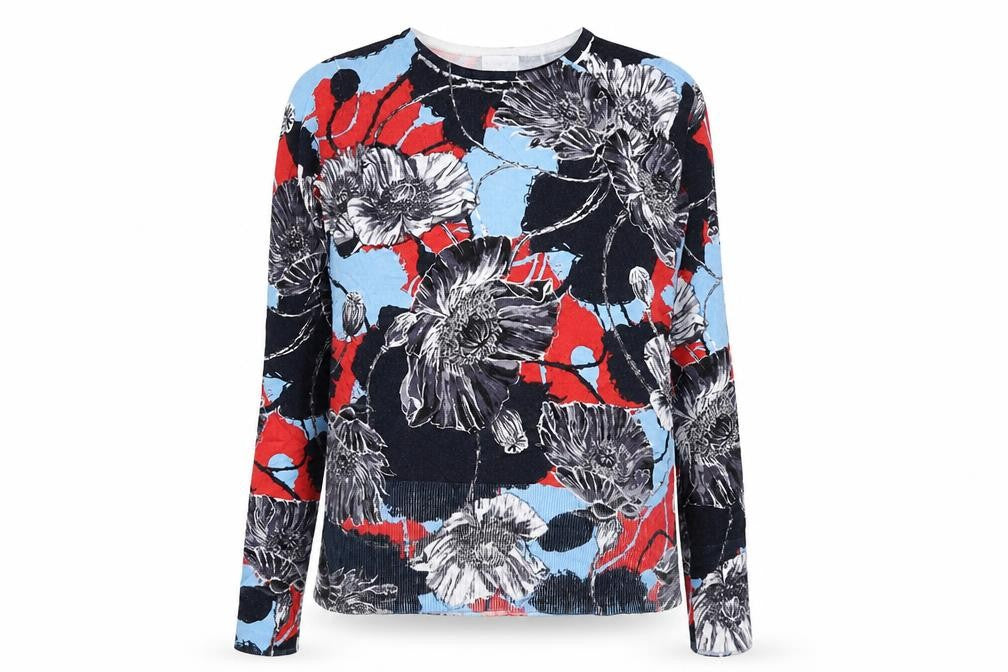Front view of Linea women’s blue floral jumper, size UK 10