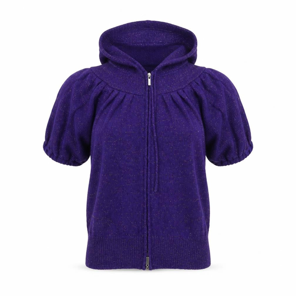 Front view of Internationale women’s purple full zip jumper, size UK 12, - hooded