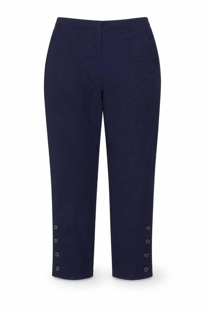 Front view of ASOS women’s blue carrot trousers, size UK 8, 25-inch leg